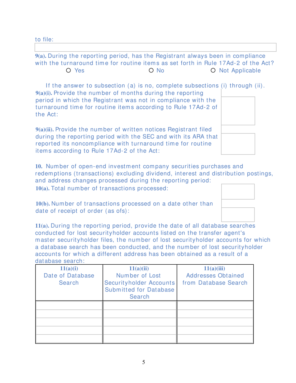 Form TA-2 (SEC Form 2113) Form for Reporting Activities of Transfer Agents Registered Pursuant to Section 17a of the Securities Exchange Act of 1934, Page 5