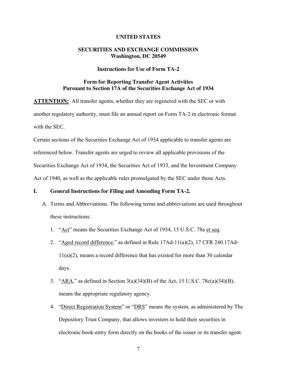 Form TA-2 (SEC Form 2113) Form for Reporting Activities of Transfer Agents Registered Pursuant to Section 17a of the Securities Exchange Act of 1934, Page 7