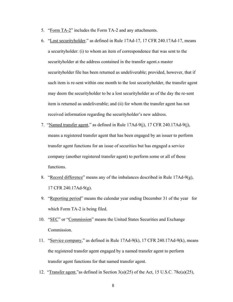 Form TA-2 (SEC Form 2113) Form for Reporting Activities of Transfer Agents Registered Pursuant to Section 17a of the Securities Exchange Act of 1934, Page 8