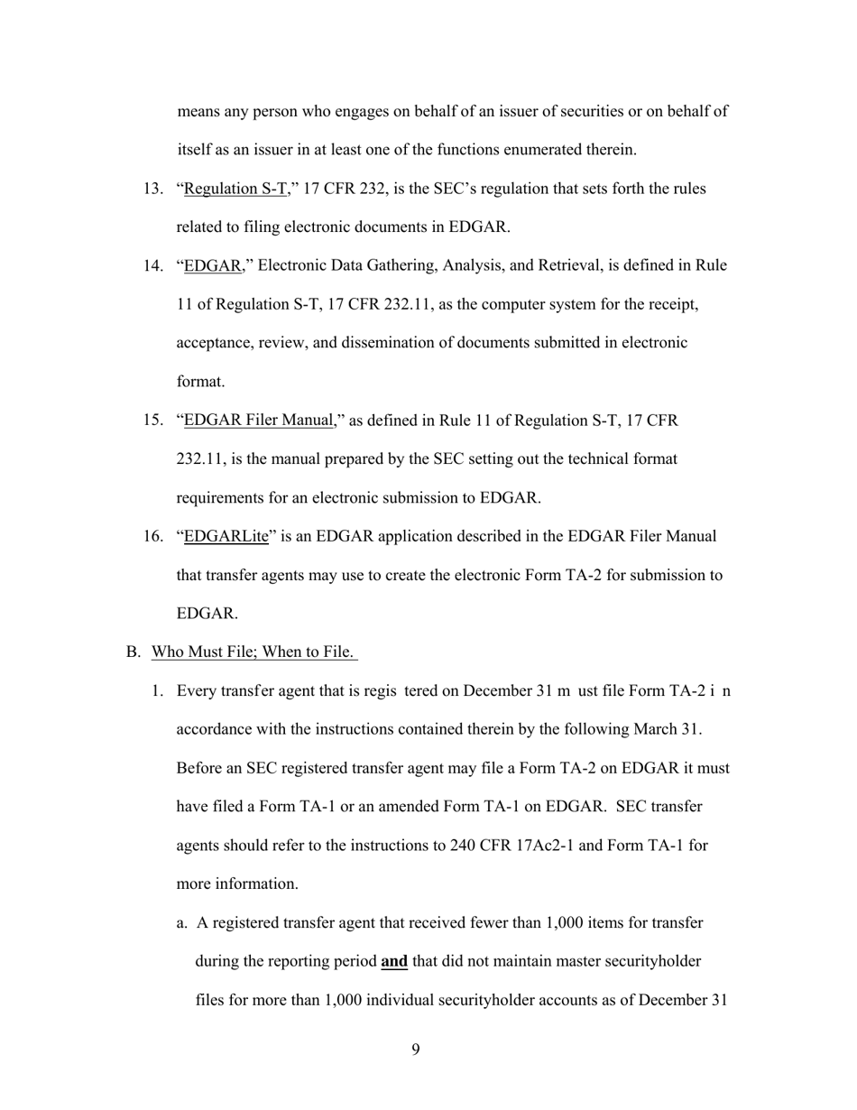 Form TA-2 (SEC Form 2113) Form for Reporting Activities of Transfer Agents Registered Pursuant to Section 17a of the Securities Exchange Act of 1934, Page 9