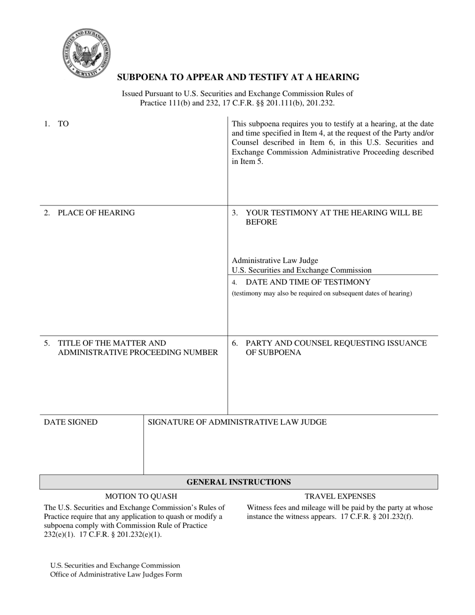 Subpoena to Appear and Testify at a Hearing, Page 1