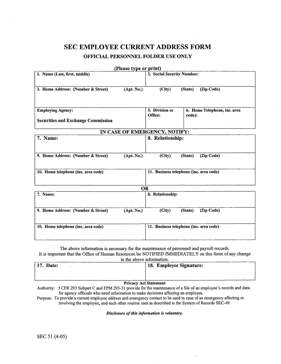 SEC Form 51 Employee Current Address Form, Page 1