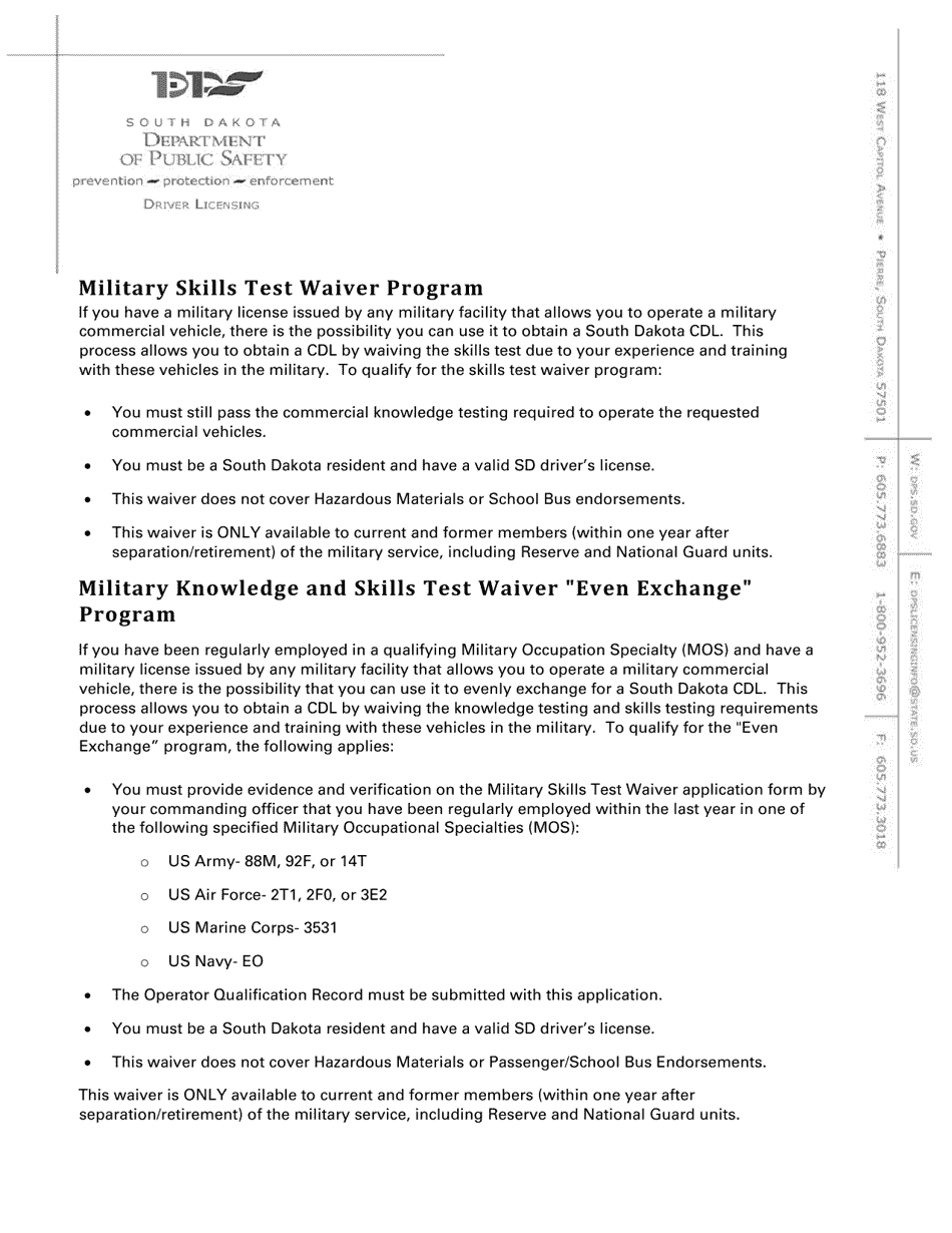 Application for Military Knowledge  Skills Test Waiver Even Exchange Program - South Dakota, Page 1
