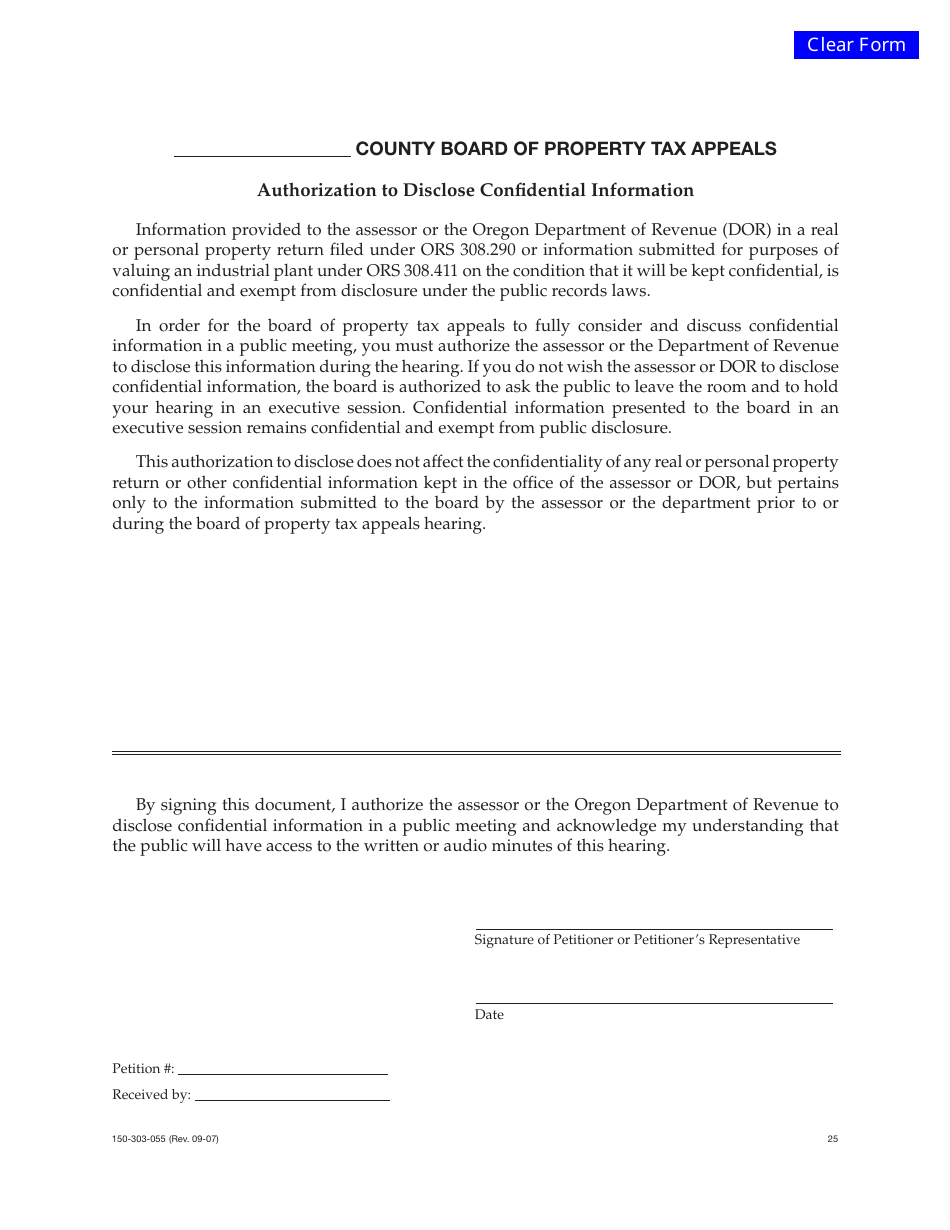Form 150-303-055-25 Authorization to Disclose Confidential Information - Oregon, Page 1