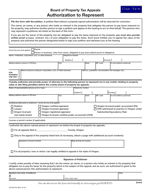 Form 150-303-031 Authorization to Represent - Oregon