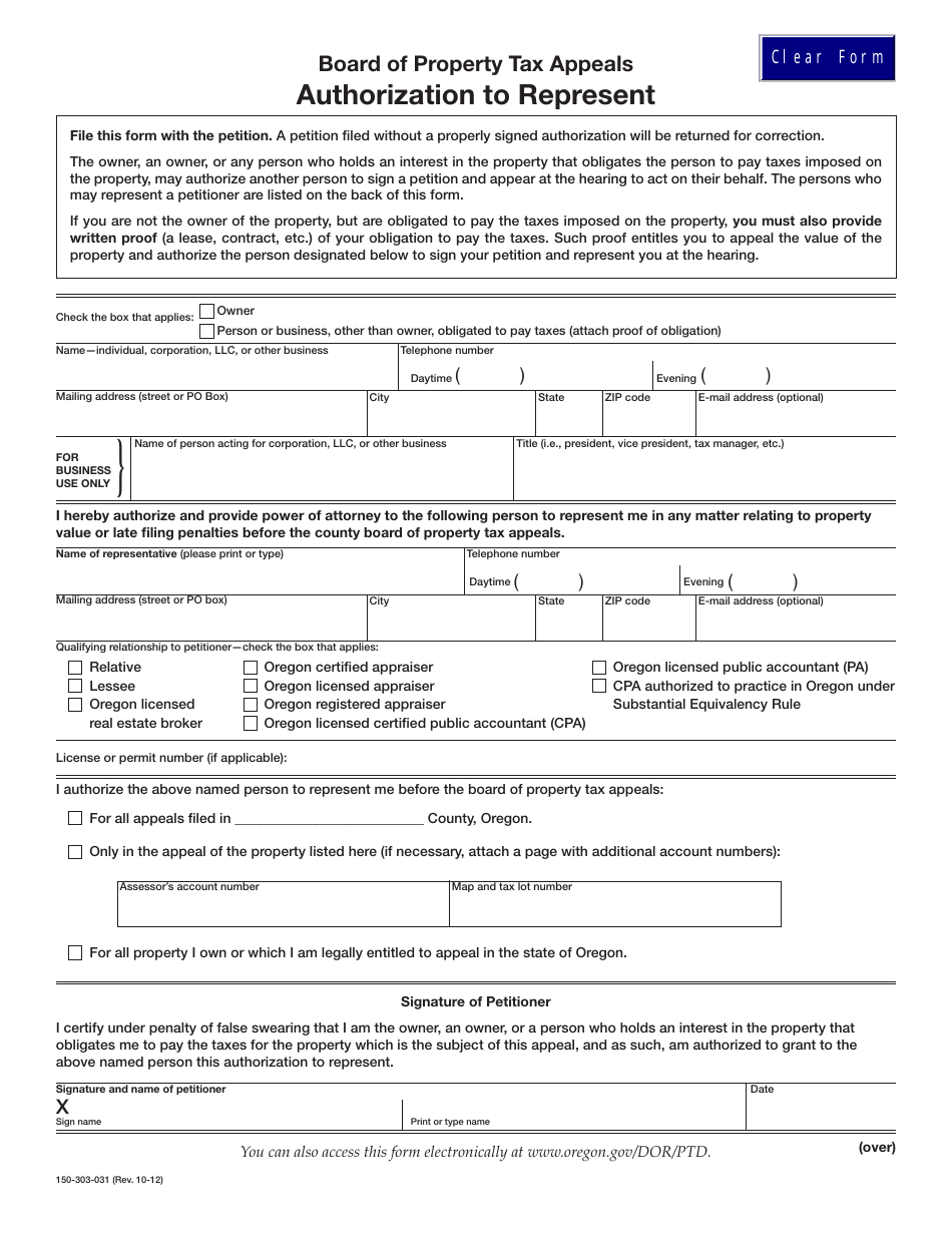 Form 150-303-031 Authorization to Represent - Oregon, Page 1