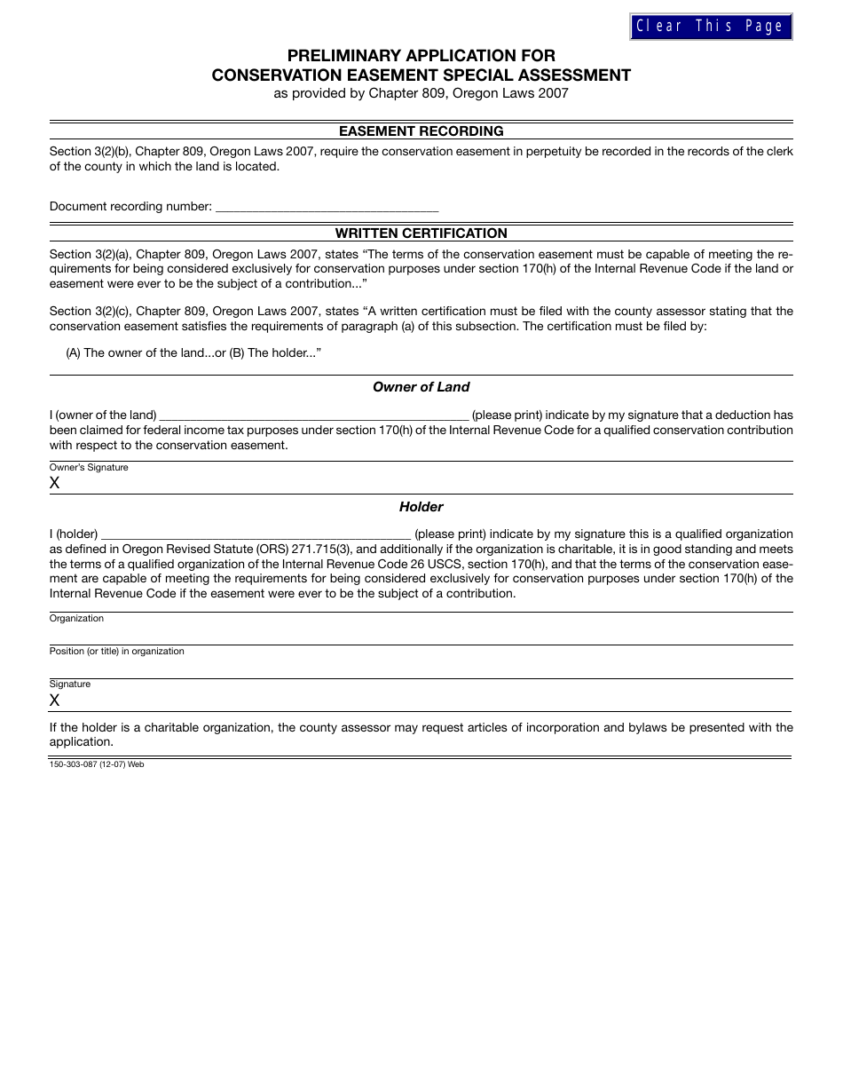 Form 150-303-087 Application for Conservation Easement Special Assessment - Oregon, Page 3