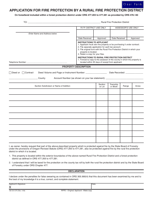 Form 150-310-079 Application for Fire Protection by a Rural Fire Protection District - Oregon