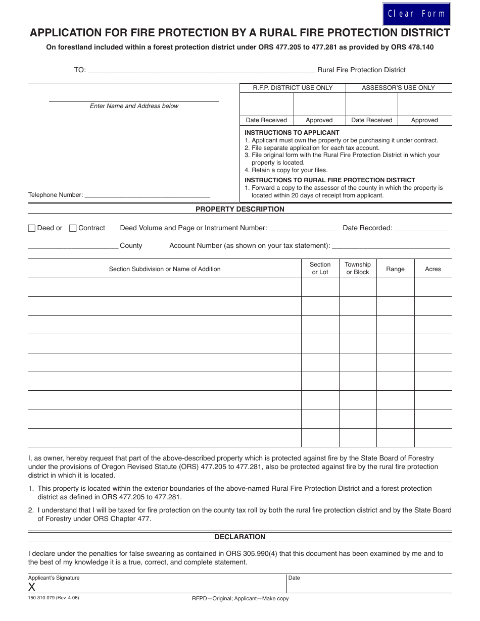Form 150-310-079 Application for Fire Protection by a Rural Fire Protection District - Oregon, Page 1