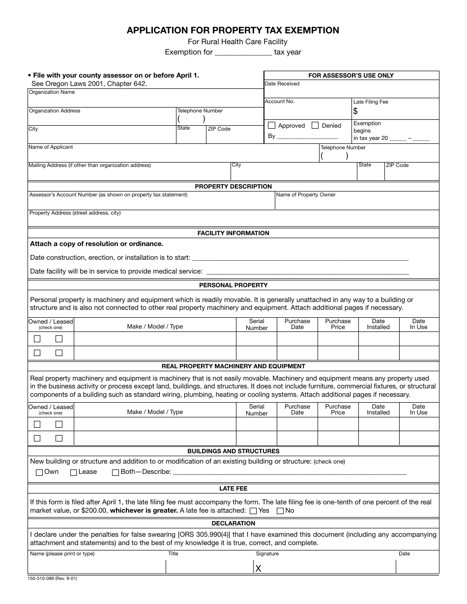 Form 150-310-089 Application for Property Tax Exemption - Oregon, Page 1
