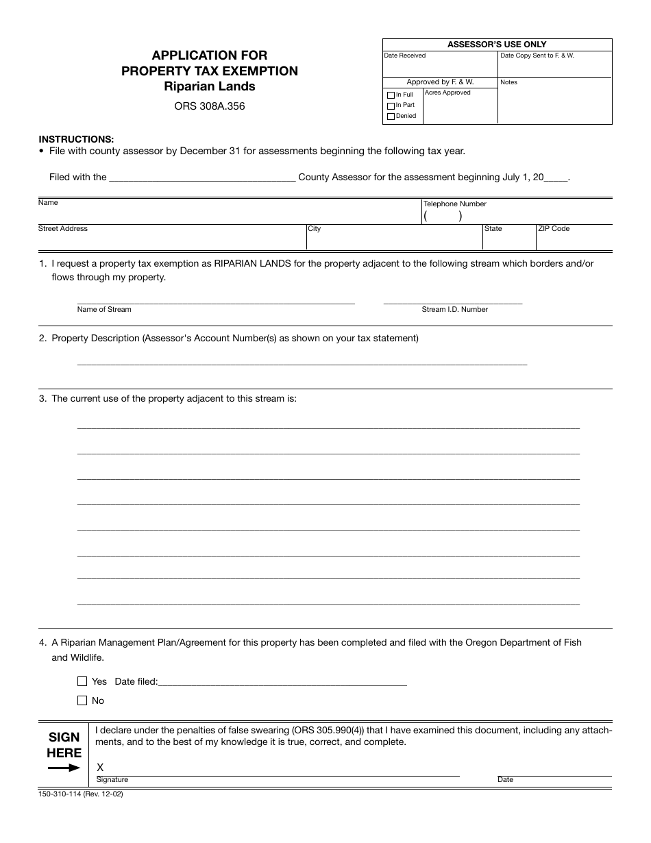 Form 150-310-114 Application for Property Tax Exemption - Riparian Lands - Oregon, Page 1