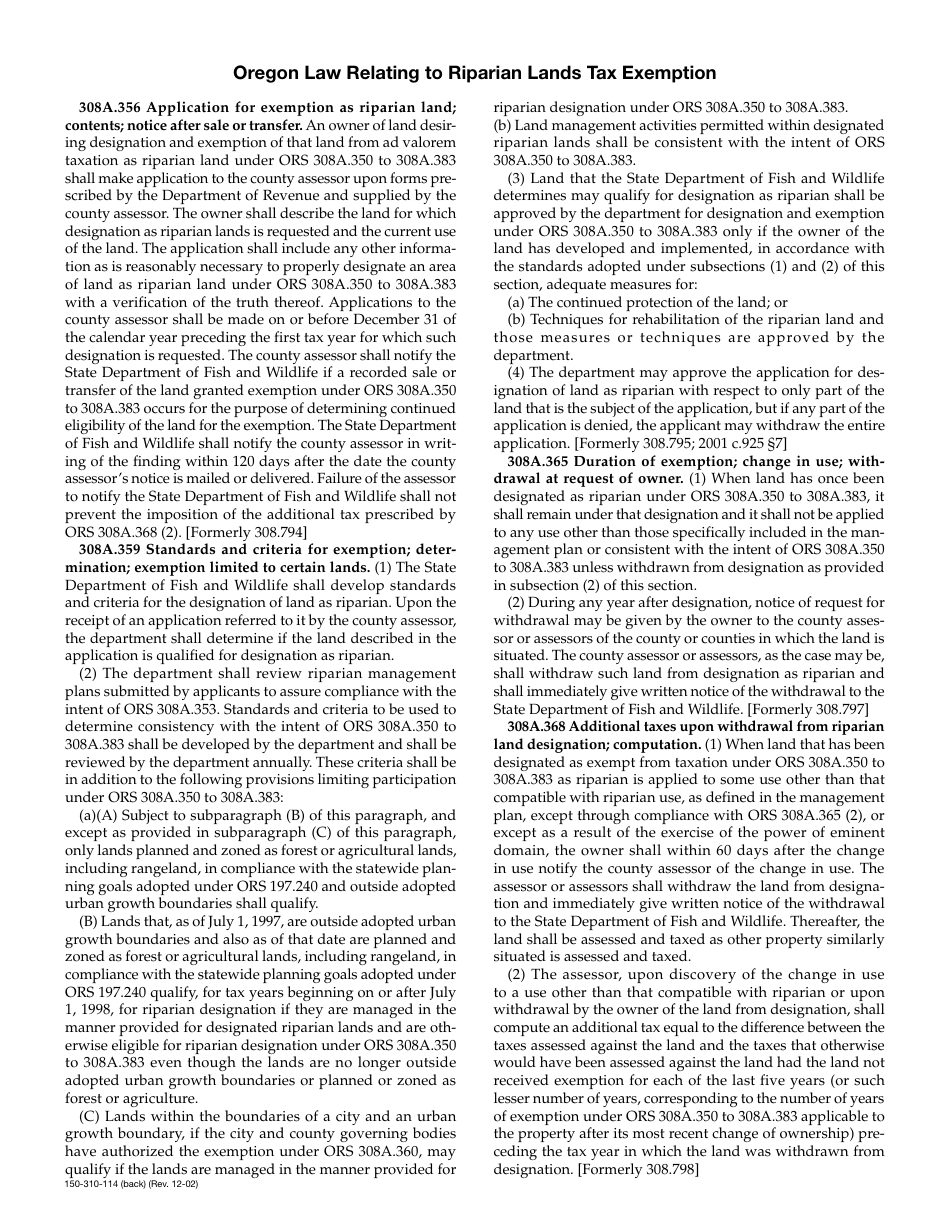Form 150-310-114 Application for Property Tax Exemption - Riparian Lands - Oregon, Page 2