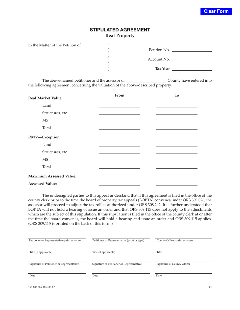 Form 150-303-055-21 Stipulated Agreement - Real Property - Oregon, Page 1