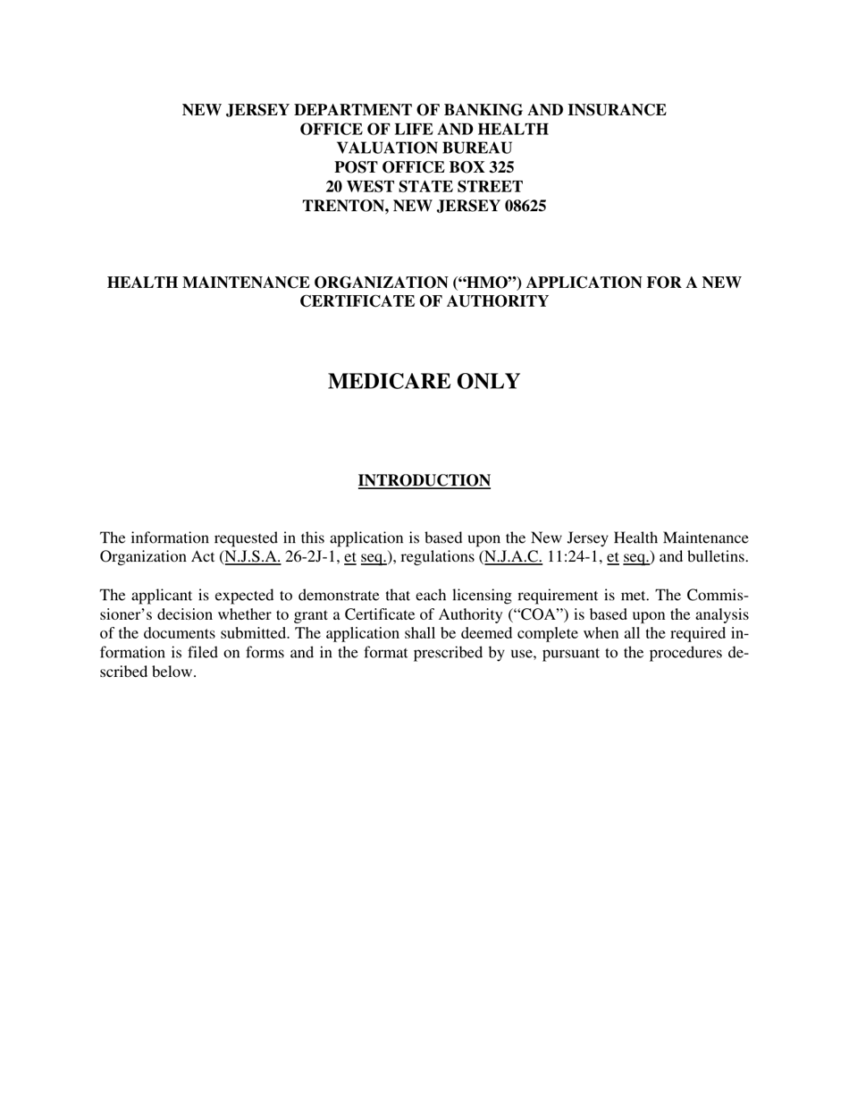 Health Maintenance Organization (HMO) Application for a New Certificate of Authority - Medicare Only - New Jersey, Page 1
