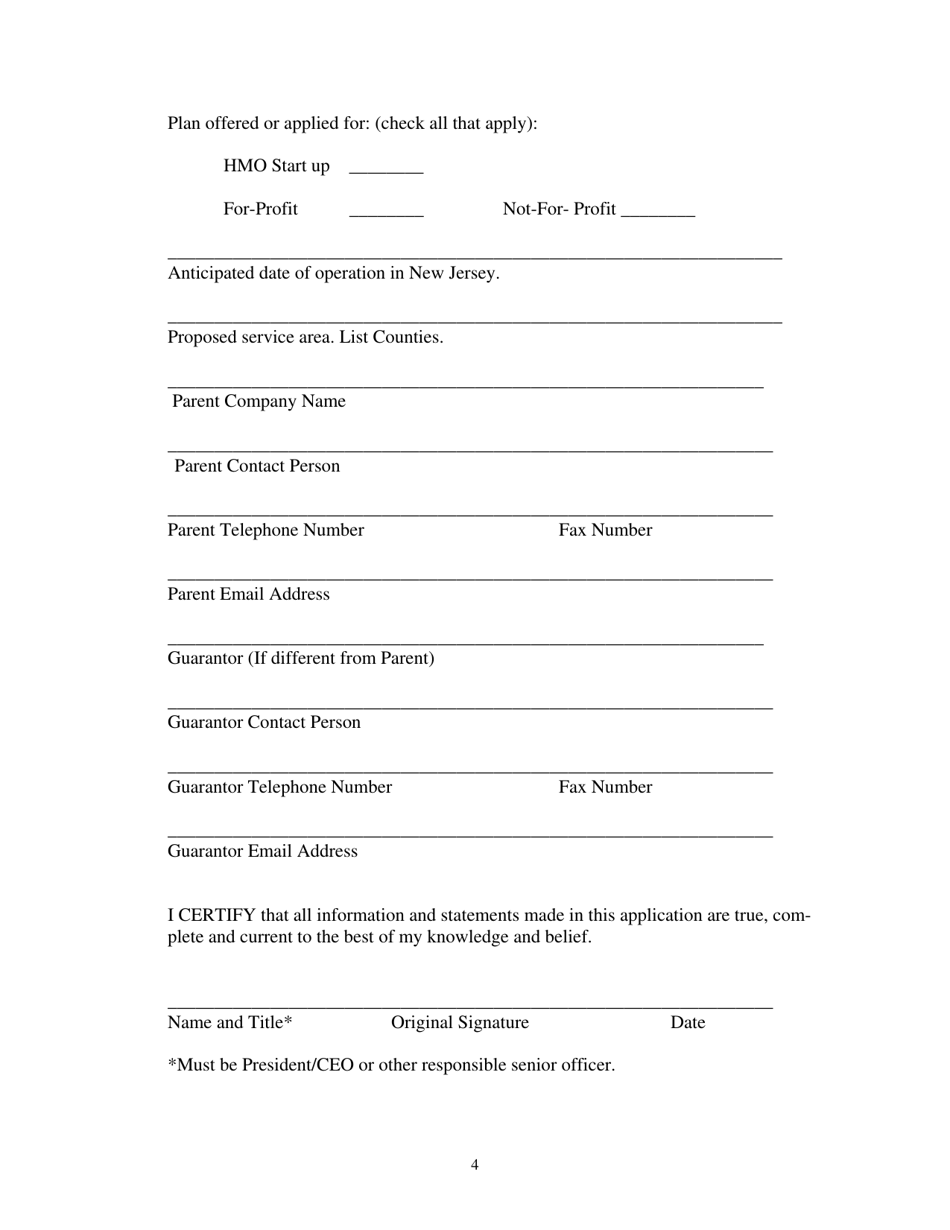 Health Maintenance Organization (HMO) Application for a New Certificate of Authority - Medicare Only - New Jersey, Page 4