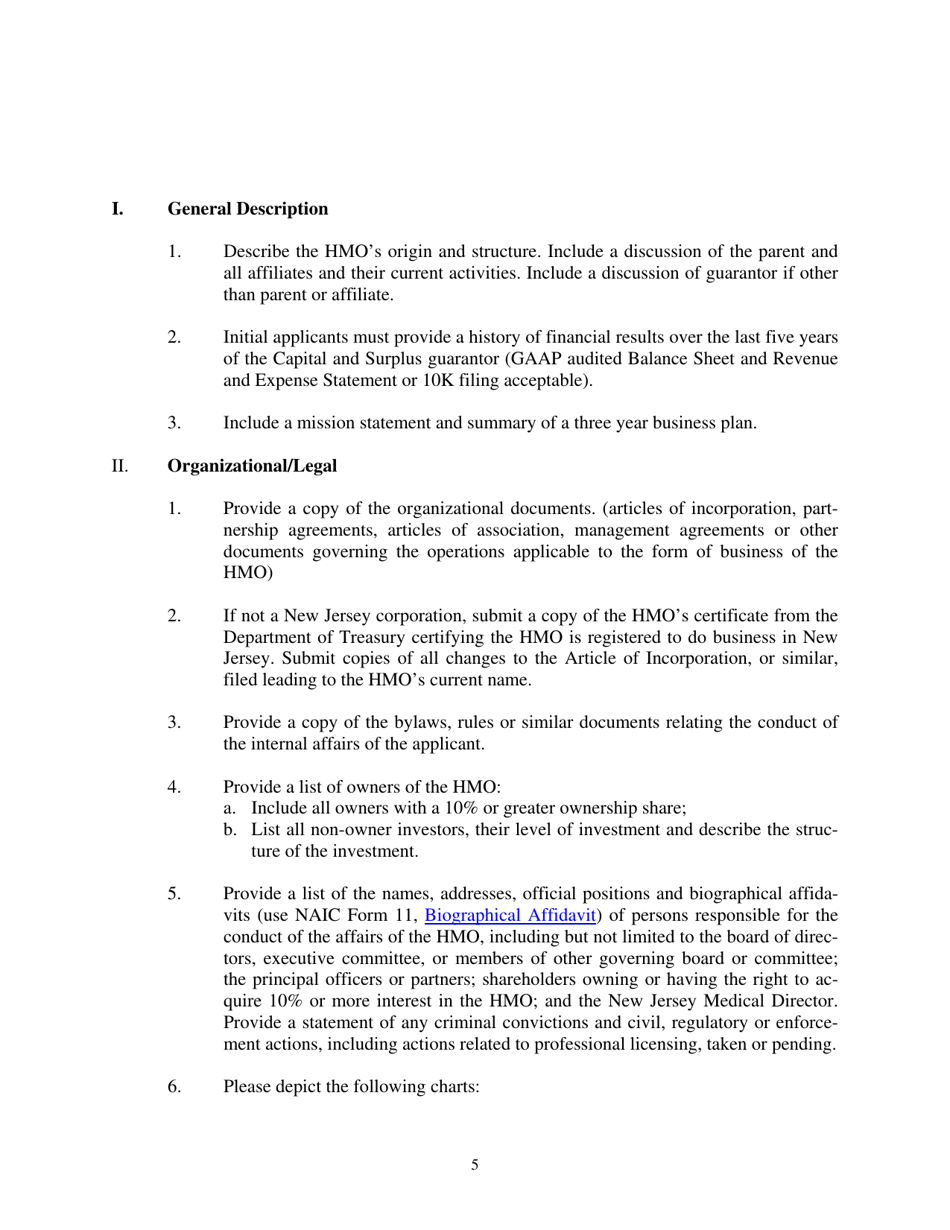 Health Maintenance Organization (HMO) Application for a New Certificate of Authority - Medicare Only - New Jersey, Page 5
