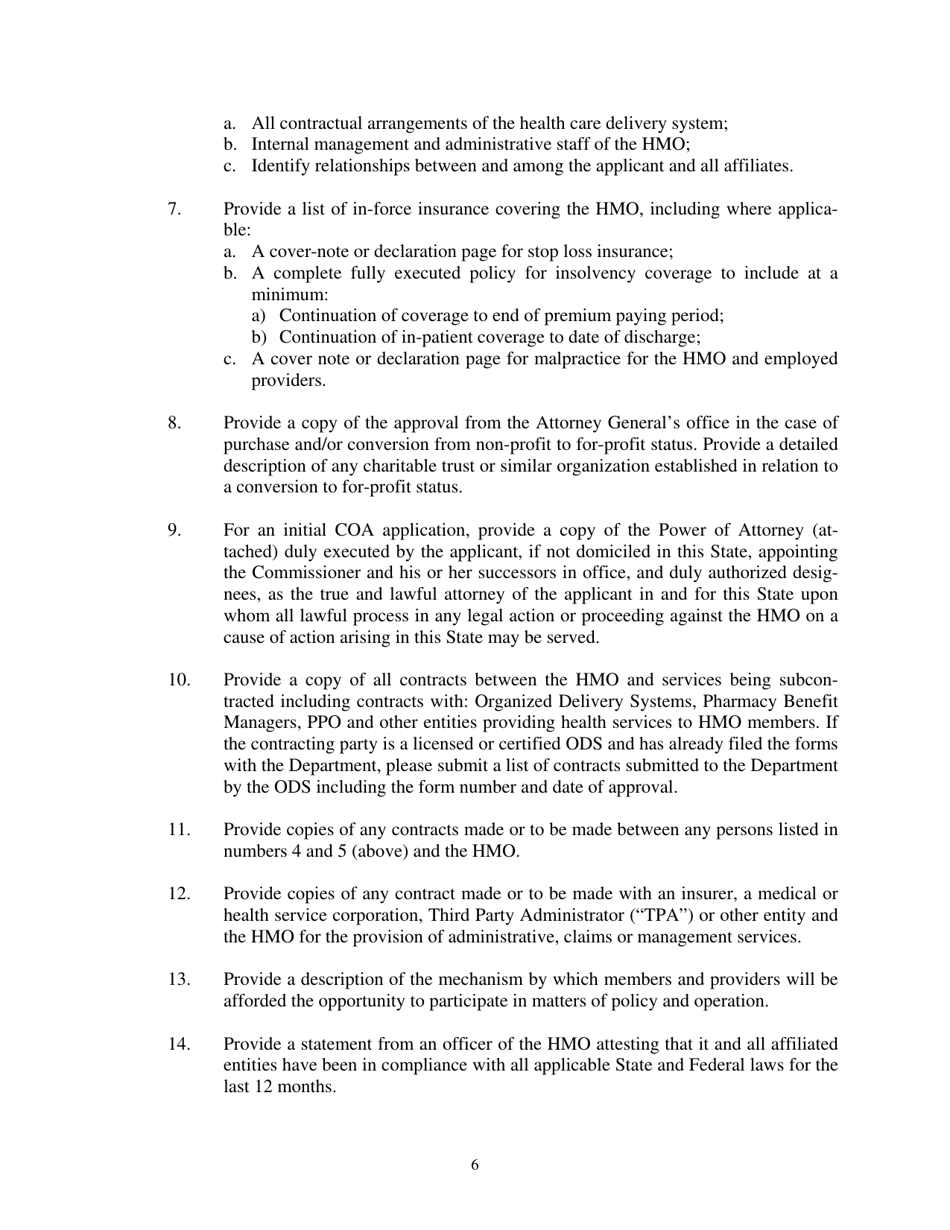 Health Maintenance Organization (HMO) Application for a New Certificate of Authority - Medicare Only - New Jersey, Page 6