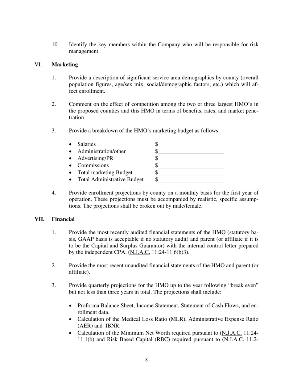 Health Maintenance Organization (HMO) Application for a New Certificate of Authority - Medicare Only - New Jersey, Page 8