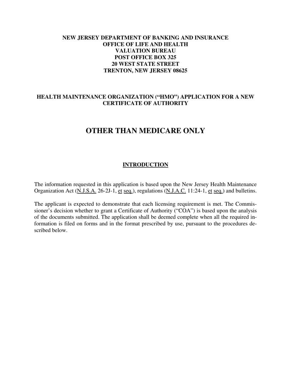 New Jersey Health Maintenance Organization (HMO) Application for a New