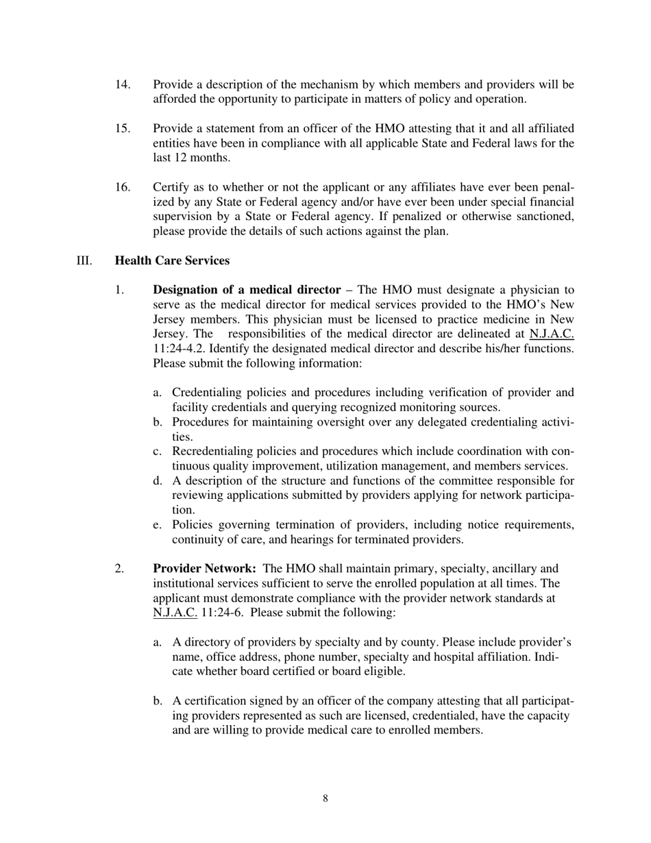 Health Maintenance Organization (HMO) Application for a New Certificate of Authority - Other Than Medicare Only - New Jersey, Page 8