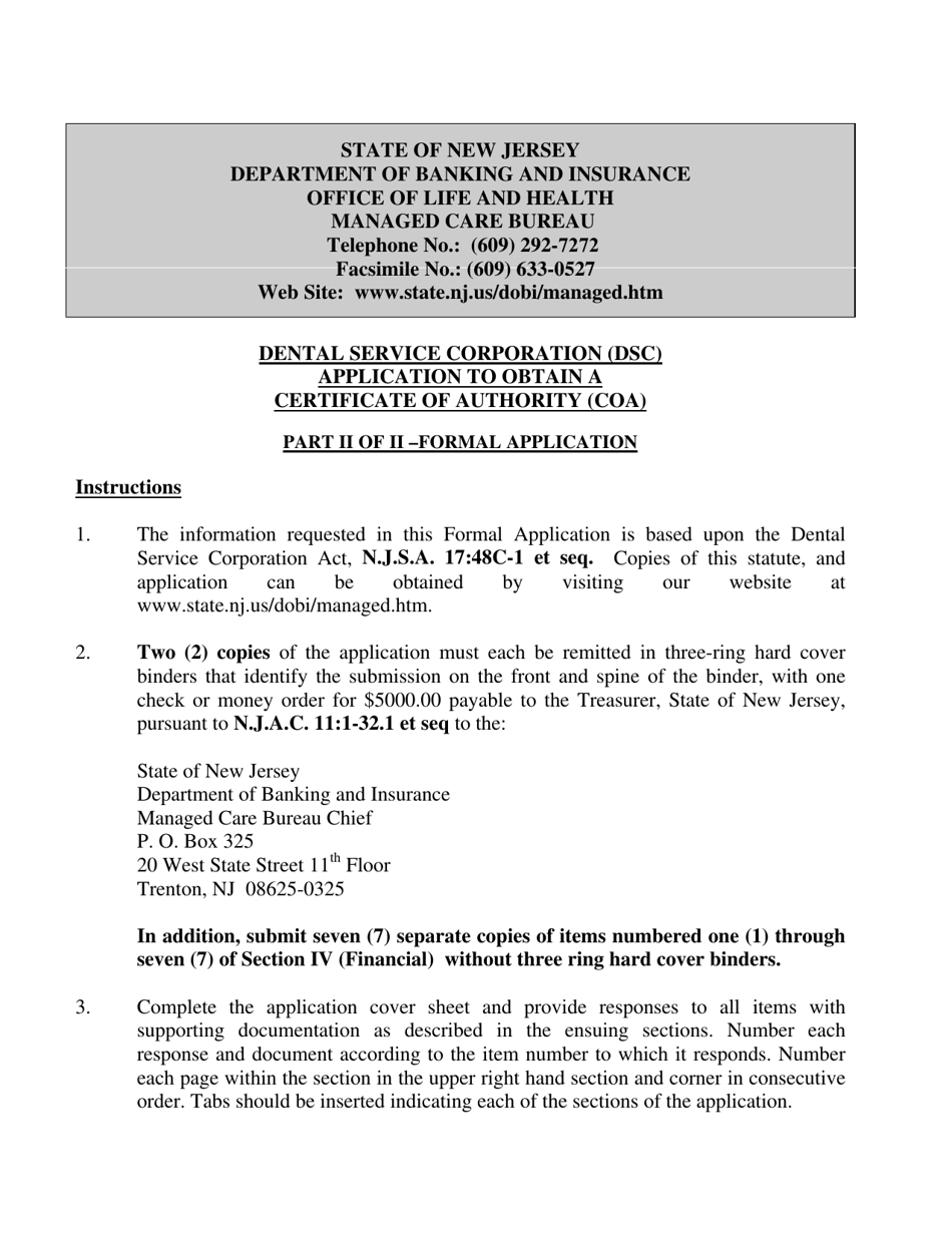 Part 2 Dental Service Corporation (Dsc) Application to Obtain a Certificate of Authority (Coa) - New Jersey, Page 1