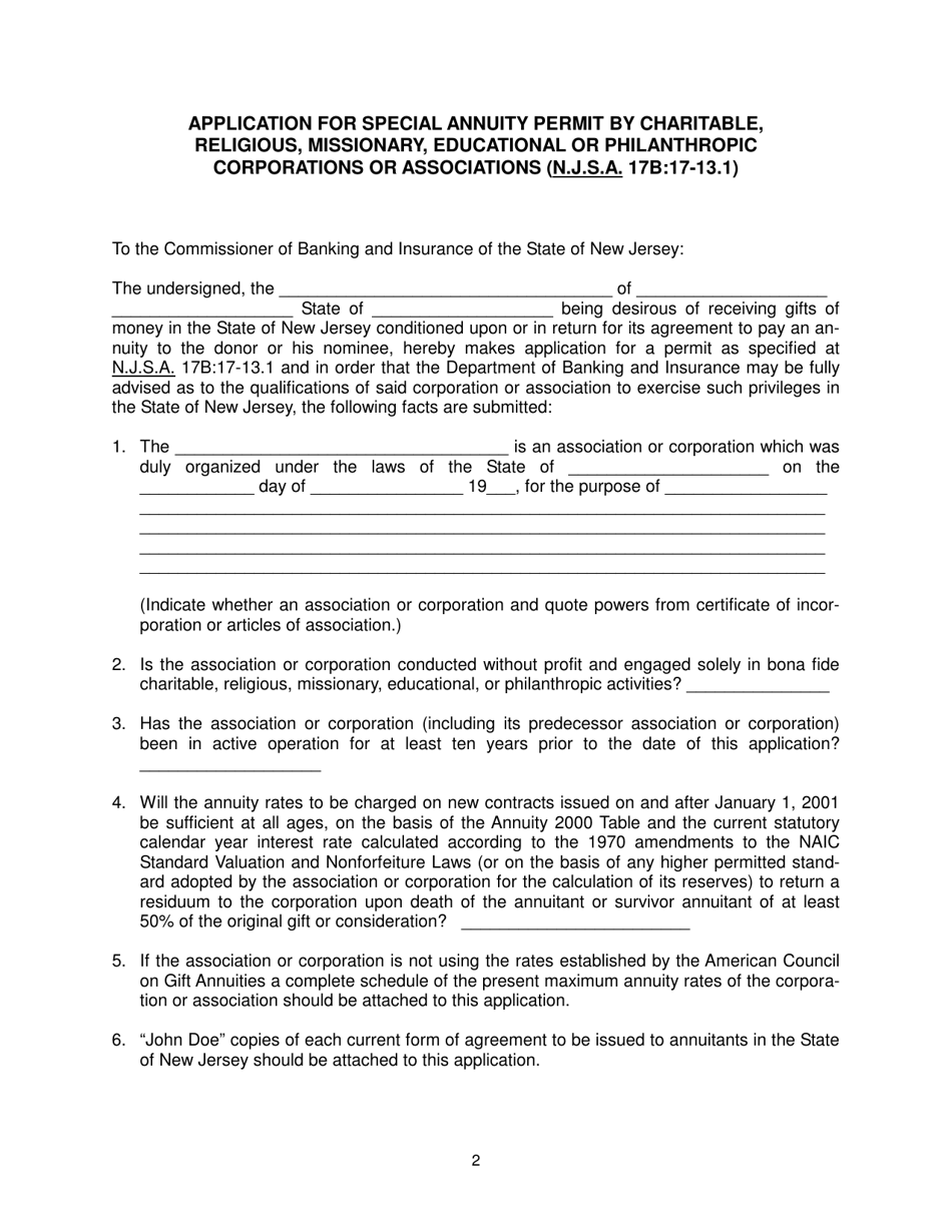 Application for Special Annuity Permit by Charitable, Religious, Missionary, Educational or Philanthropic Corporations or Associations (N.j.s.a. 17b:17-13.1) - New Jersey, Page 2