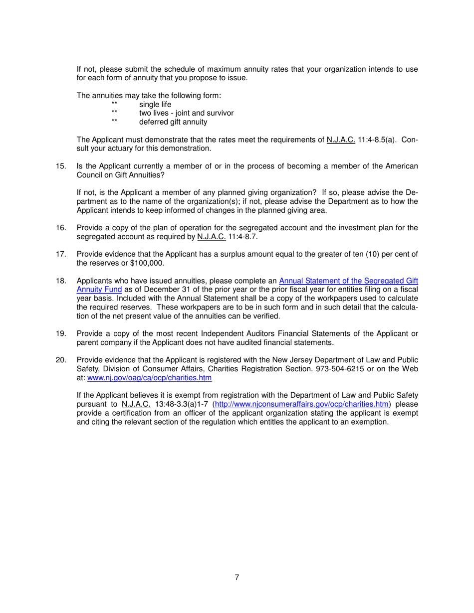 Application for Special Annuity Permit by Charitable, Religious, Missionary, Educational or Philanthropic Corporations or Associations (N.j.s.a. 17b:17-13.1) - New Jersey, Page 7