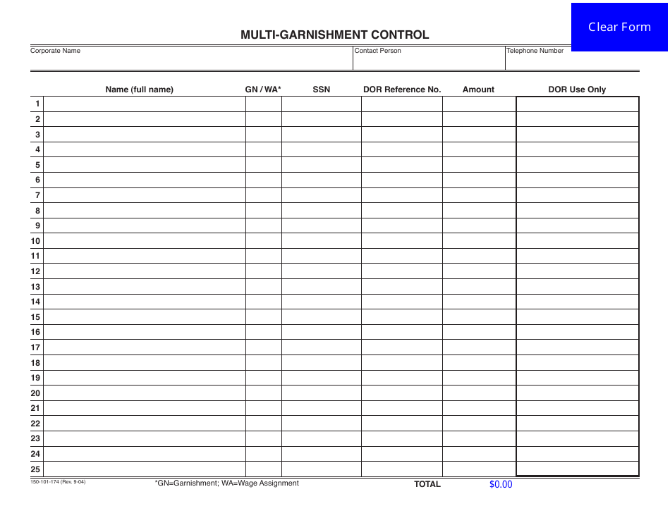Form 150-101-174 Multi-Garnishment Control - Oregon, Page 1