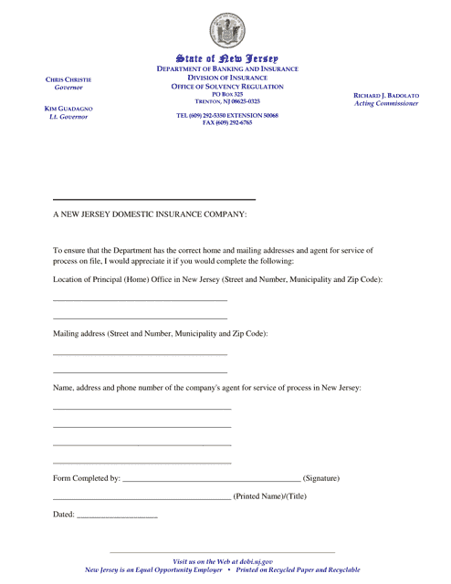 Registered Agent Form - Domestic Company - New Jersey Download Pdf