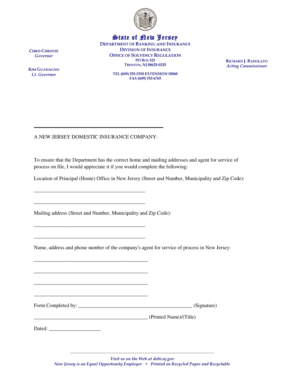 New Jersey Registered Agent Form Domestic Company Fill Out, Sign