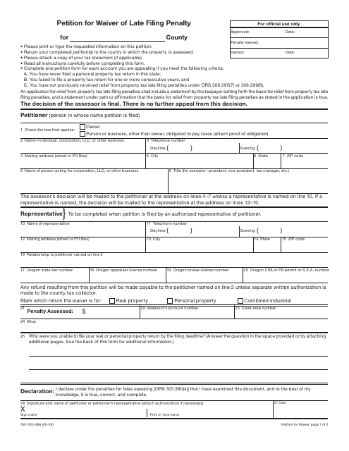 Form 150-303-066 Petition for Waiver of Late Filing Penalty - Oregon