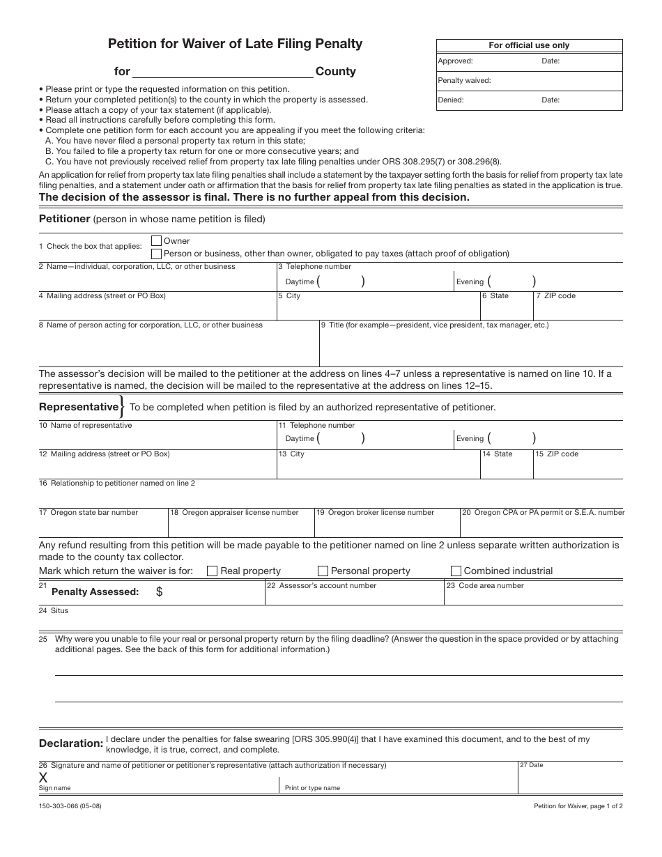 Form 150-303-066 Petition for Waiver of Late Filing Penalty - Oregon, Page 1
