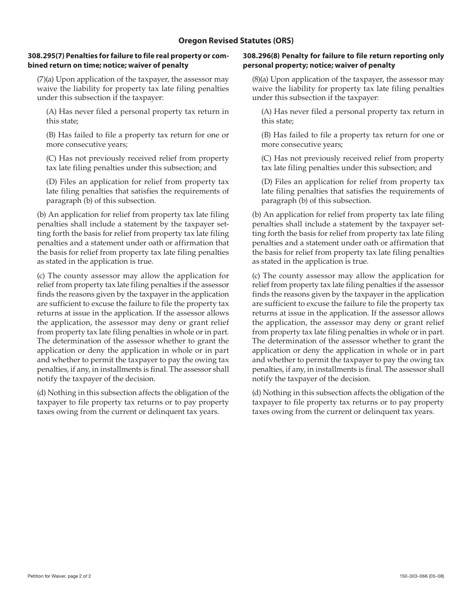 Form 150-303-066 Petition for Waiver of Late Filing Penalty - Oregon, Page 2