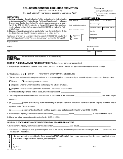 Form 150-310-059 Pollution Control Facilities Exemption - Oregon