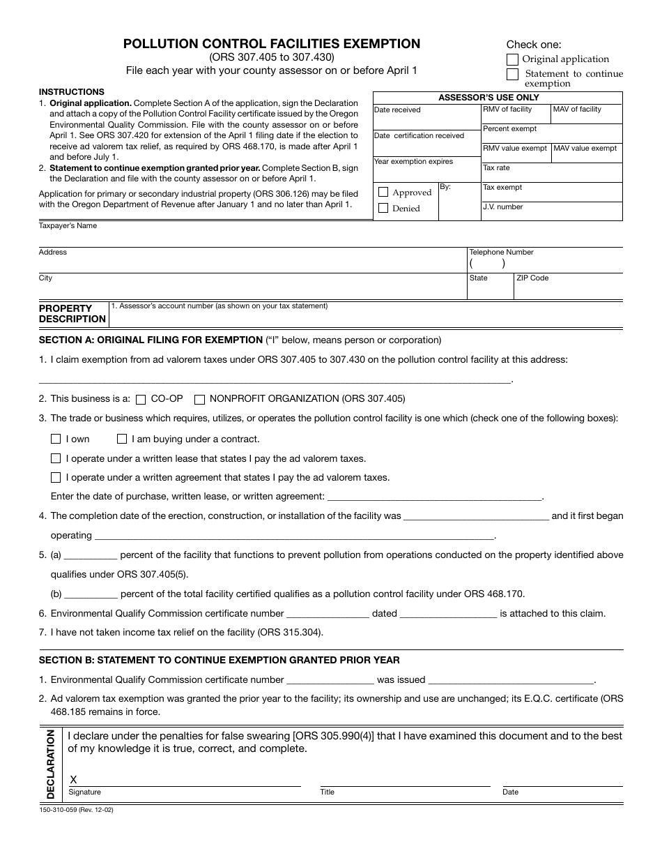 Form 150-310-059 Pollution Control Facilities Exemption - Oregon, Page 1