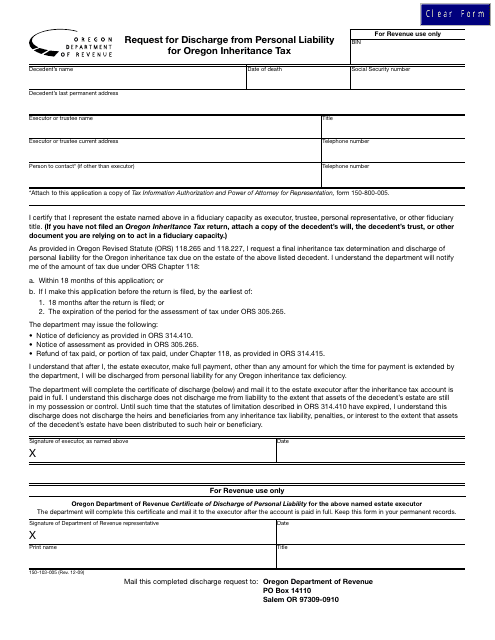 Form 150-103-005 Request for Discharge From Personal Liability for Oregon Inheritance Tax - Oregon
