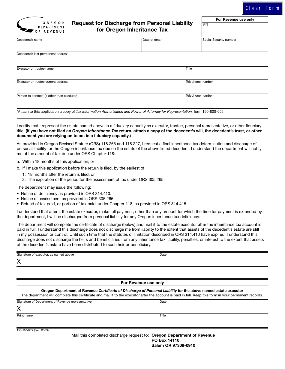 Form 150-103-005 Request for Discharge From Personal Liability for Oregon Inheritance Tax - Oregon, Page 1