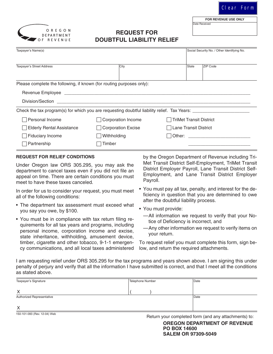 Form 150-101-093 Request for Doubtful Liability Relief - Oregon, Page 1