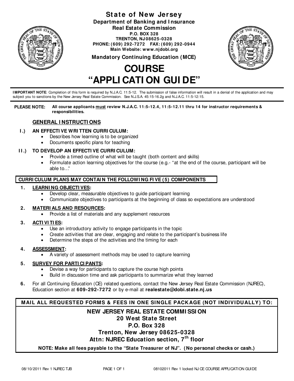 Instructions for Ce Course Application - New Jersey, Page 1