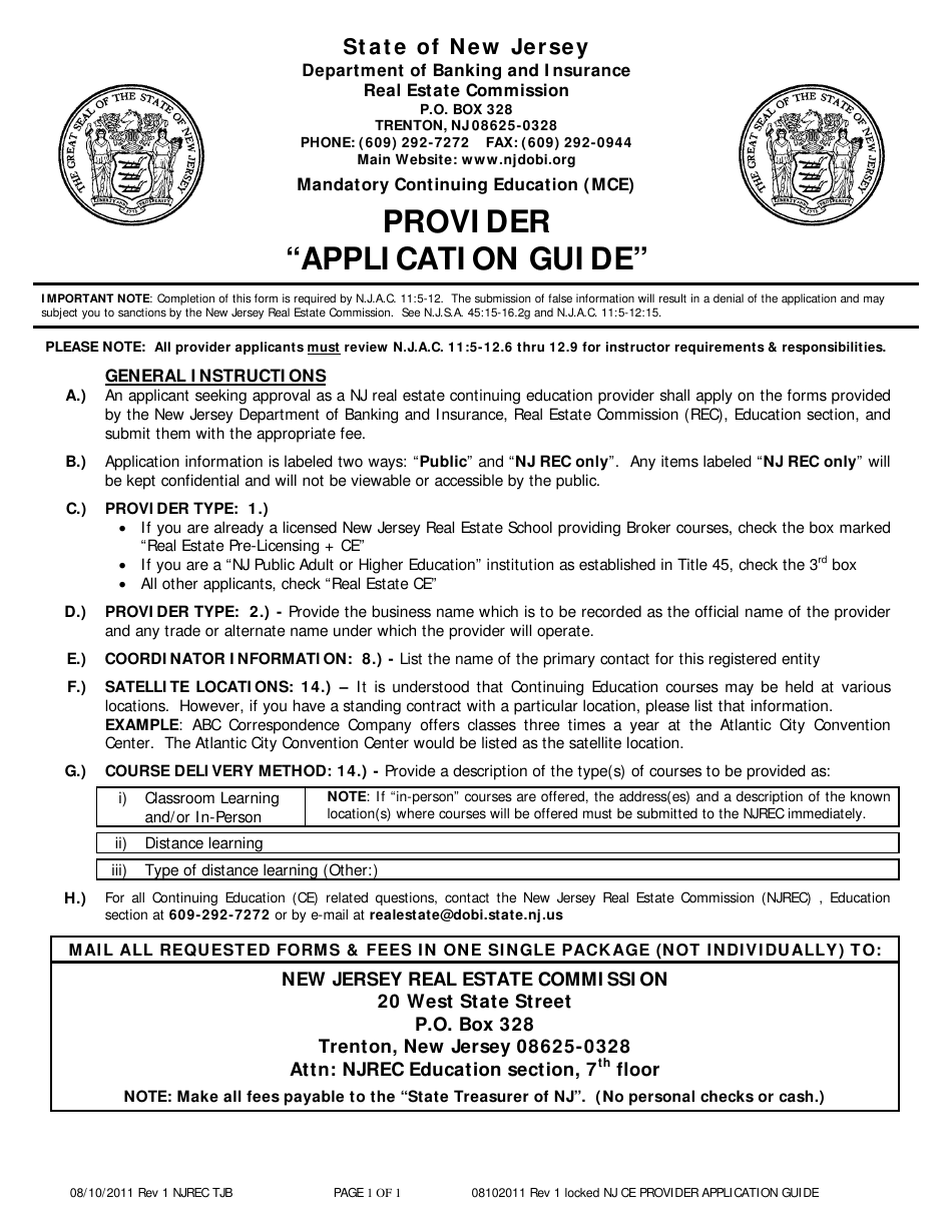 Instructions for Ce Provider Application - New Jersey, Page 1
