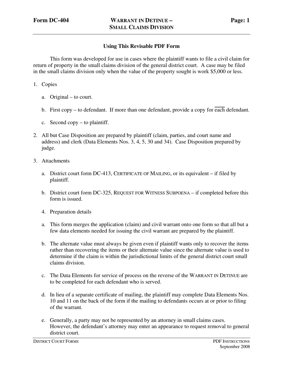 Instructions for Form DC-404 Warrant in Detinue - Small Claims Division (Civil Claim for Specific Personal Property) - Virginia, Page 1