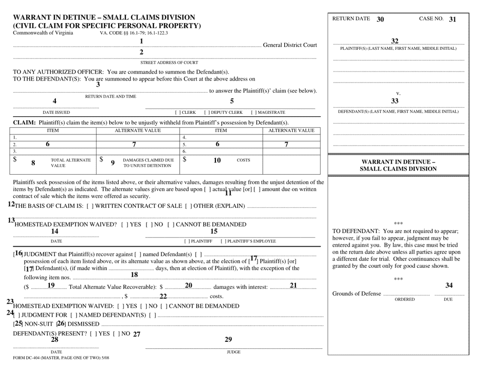 Instructions for Form DC-404 Warrant in Detinue - Small Claims Division (Civil Claim for Specific Personal Property) - Virginia, Page 2
