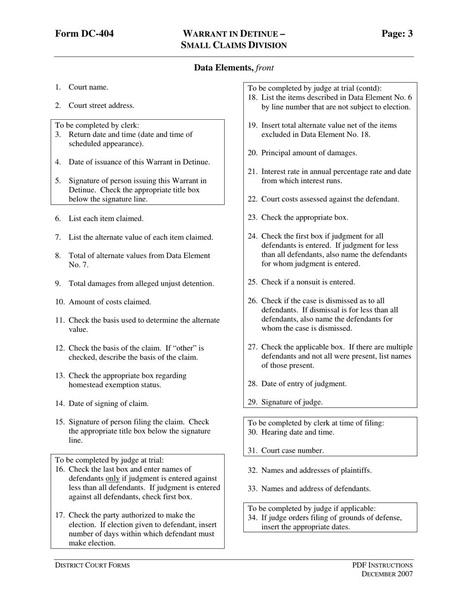 Instructions for Form DC-404 Warrant in Detinue - Small Claims Division (Civil Claim for Specific Personal Property) - Virginia, Page 3