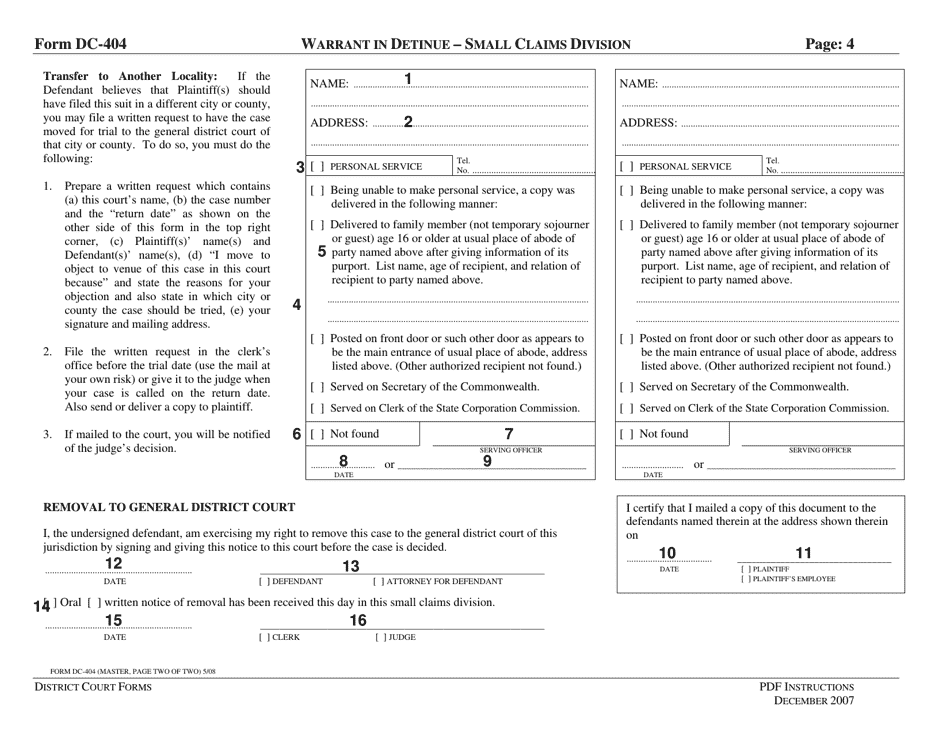 Instructions for Form DC-404 Warrant in Detinue - Small Claims Division (Civil Claim for Specific Personal Property) - Virginia, Page 4