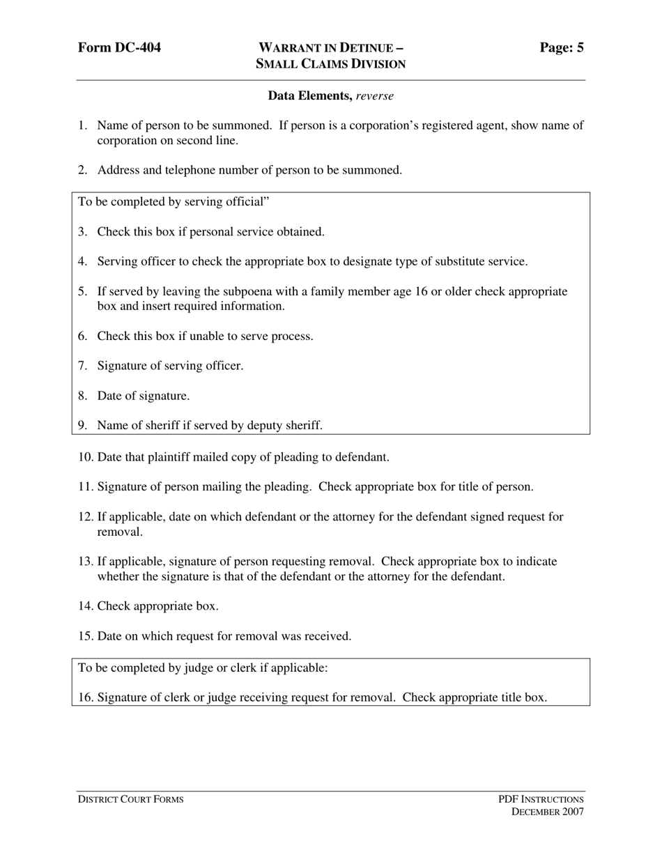 Instructions for Form DC-404 Warrant in Detinue - Small Claims Division (Civil Claim for Specific Personal Property) - Virginia, Page 5