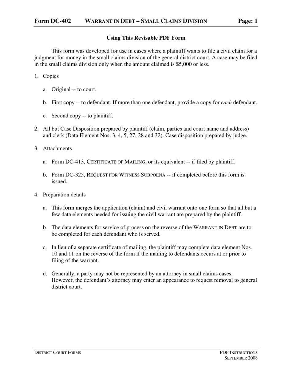 Instructions for Form DC-402 Warrant in Debt - Small Claims Division - Virginia, Page 1