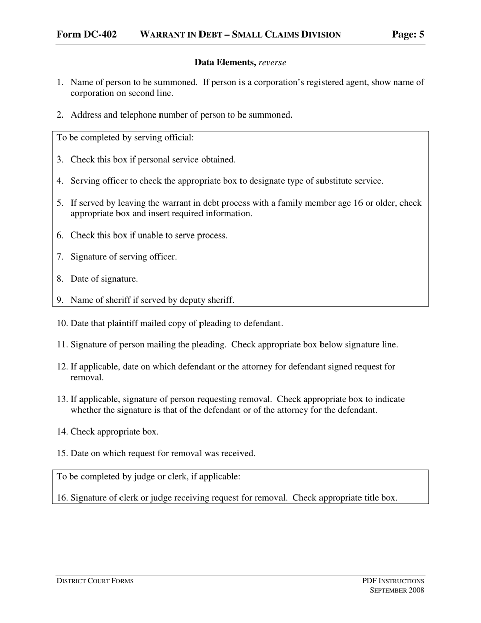 Instructions for Form DC-402 Warrant in Debt - Small Claims Division - Virginia, Page 5