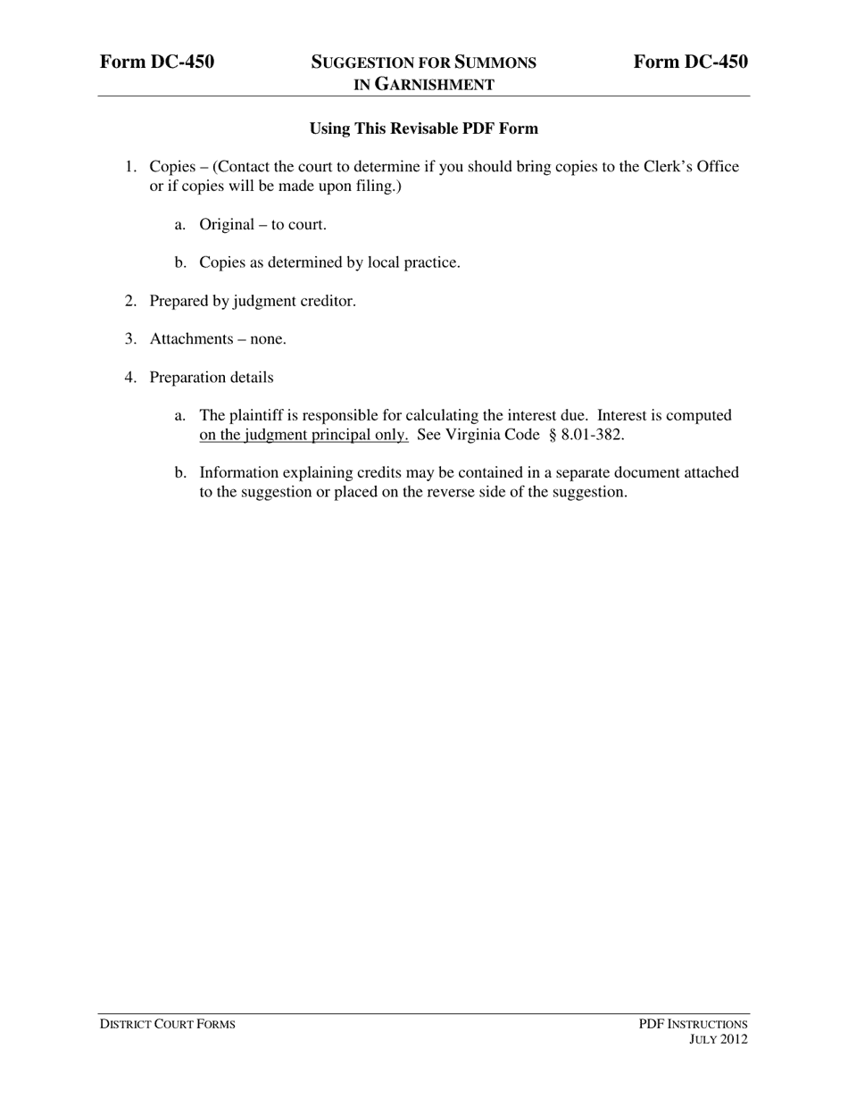 Instructions for Form DC-450 Suggestion for Summons in Garnishment - Virginia, Page 1