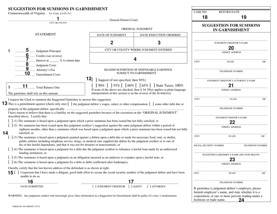 Instructions for Form DC-450 Suggestion for Summons in Garnishment - Virginia, Page 2