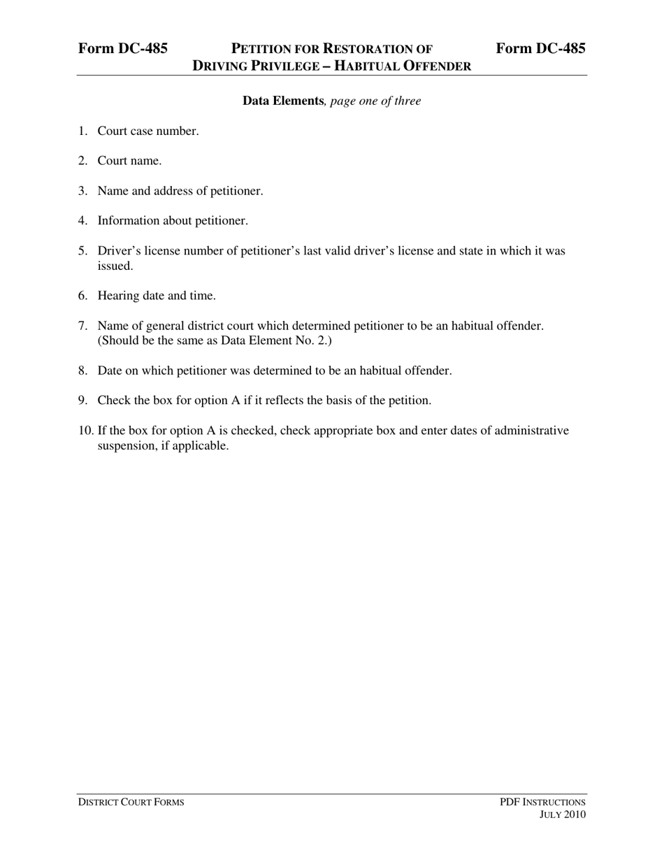 Instructions for Form DC-485 Petition for Restoration of Driving Privilege - Habitual Offender - Virginia, Page 3